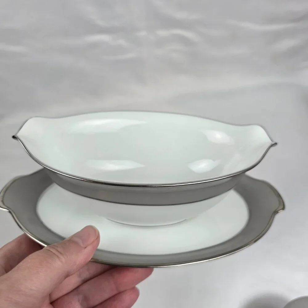 Sango Plantina Gravy Boat with Underplate Gray Band Platinum Trim